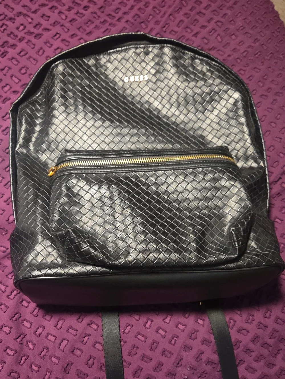GUESS Black Woven-Texture Backpack with Gold Zipper Accents